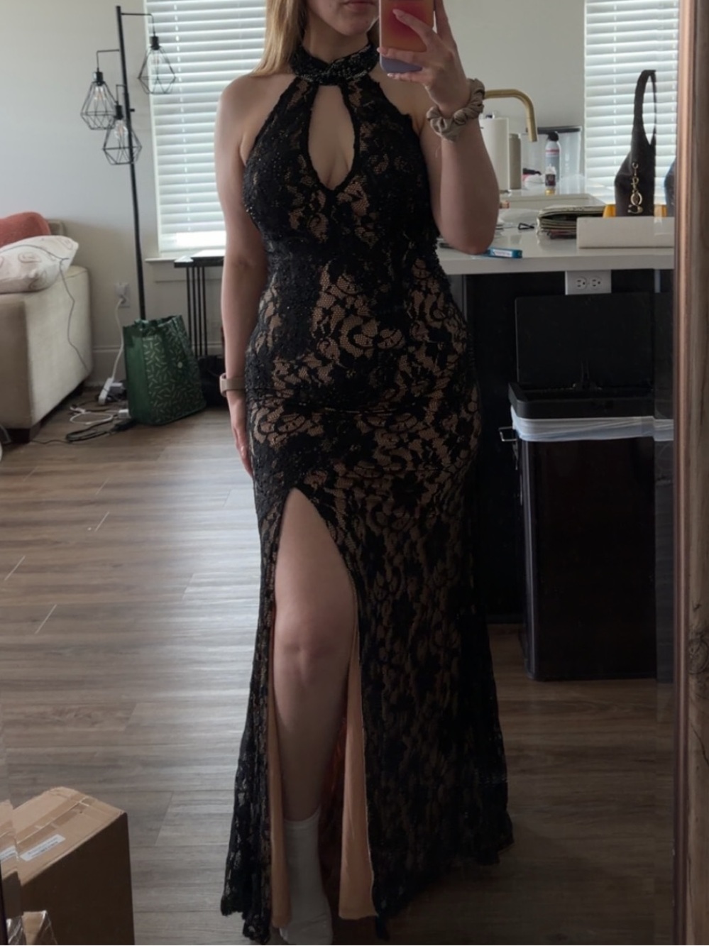 Romance Couture Classic Black Lace Halter Evening Gown